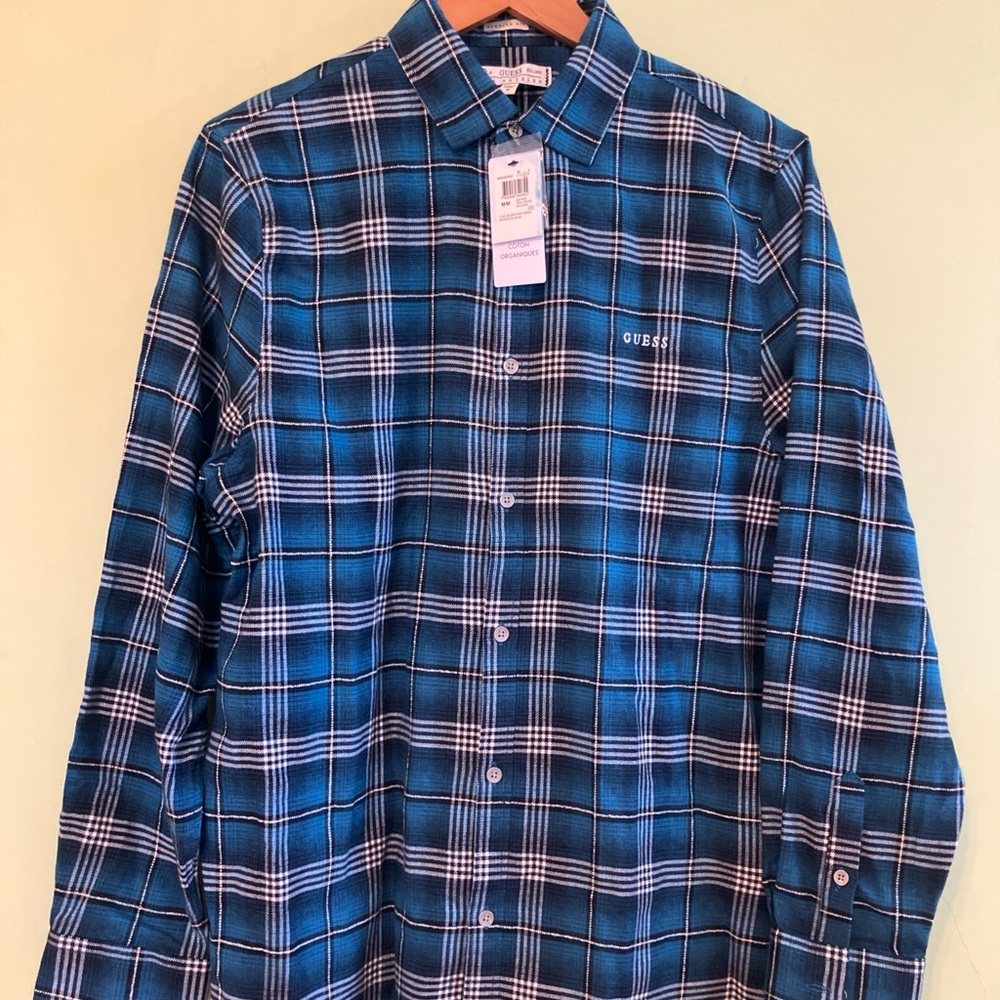 Guess Collin’s Check Blue and White Casual Button Down Shirt Cotton New/Tags